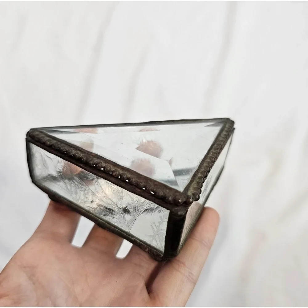 Vintage Etched Clear Beveled Leaded‎ Glass Jewelry Triangle Art Deco Box Trinket